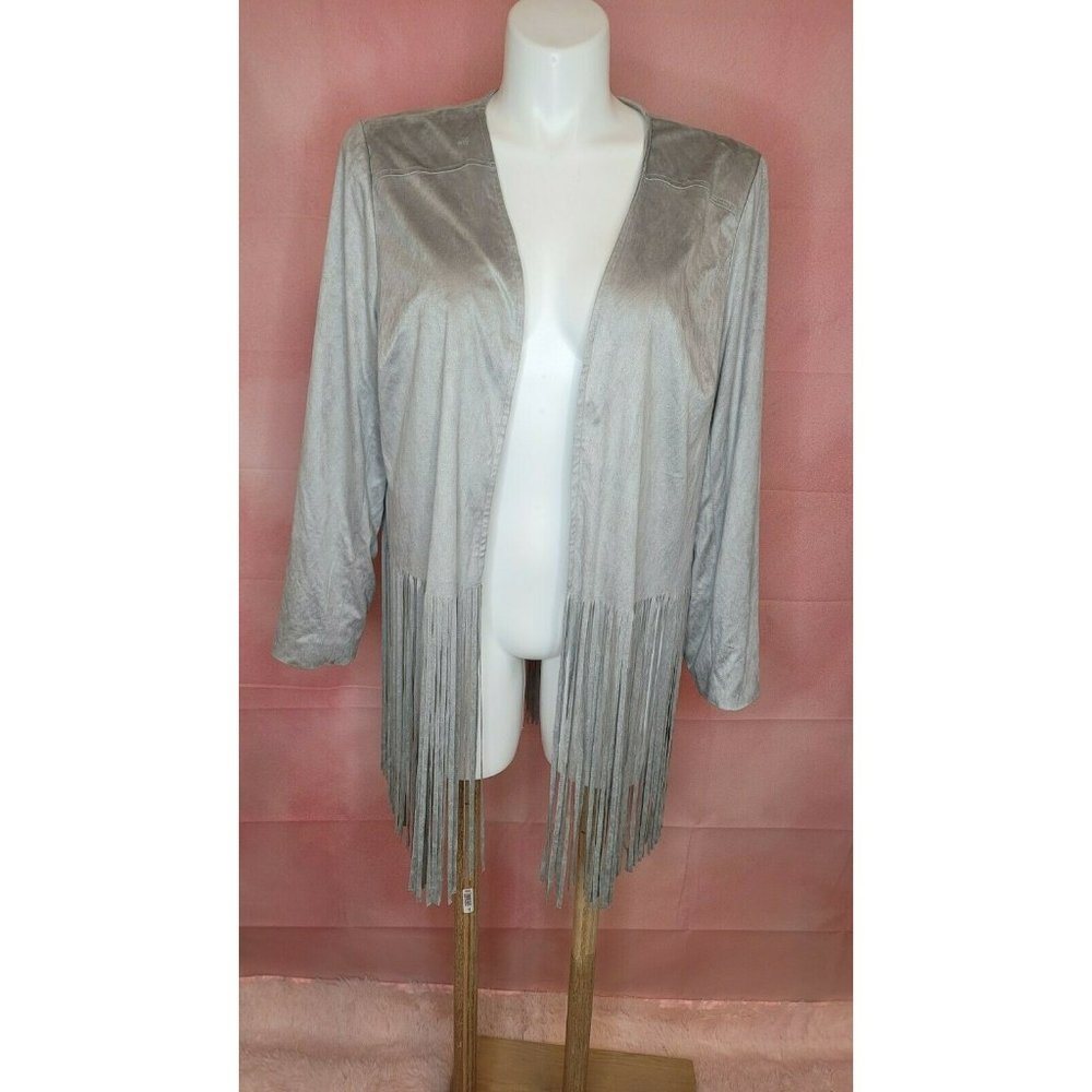 NEW Chico's Gray Faux Suede Fringe Jacket Open Front  NWT $159.00 size 3